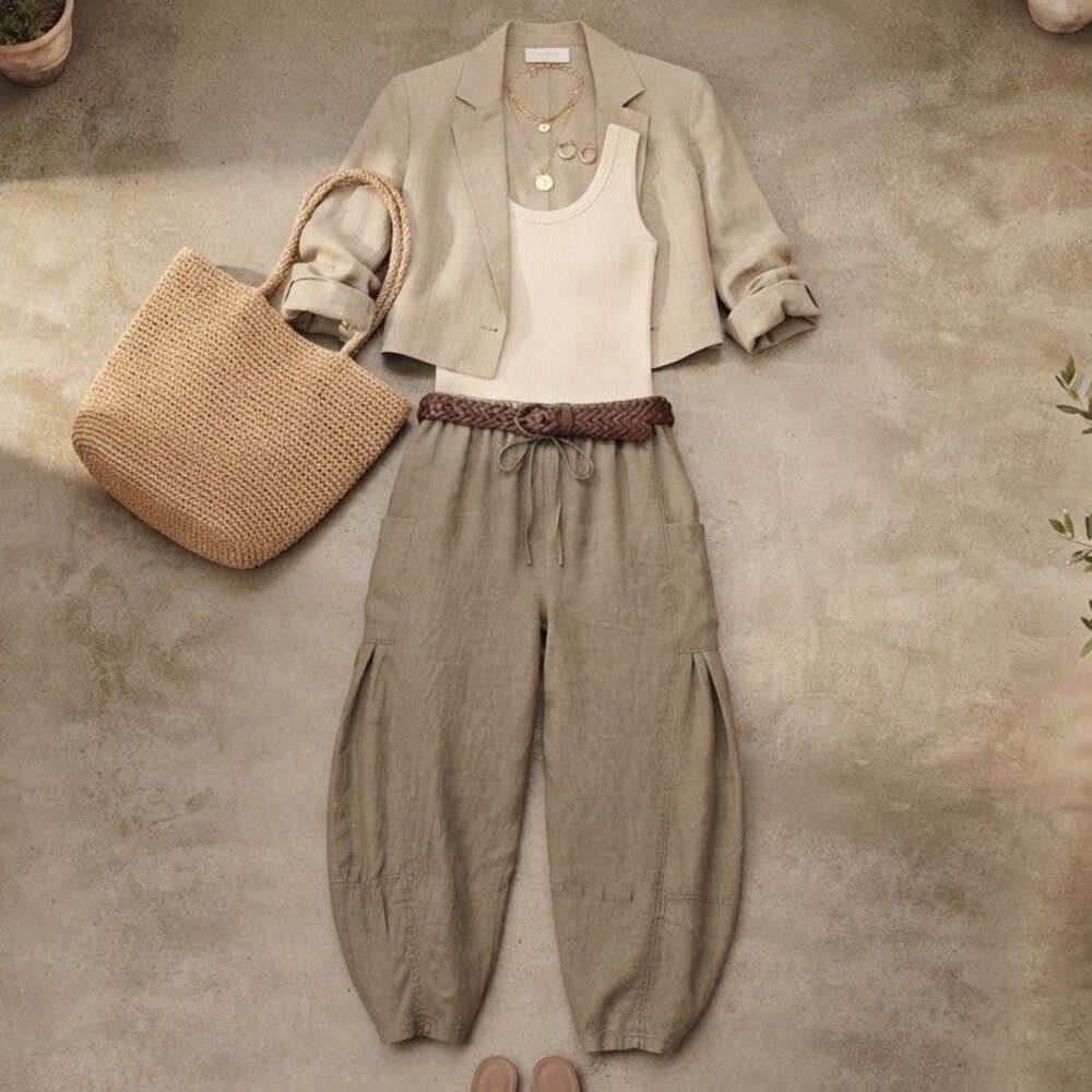 TARSE Women's M Brown Linen Blend Cargo Pants Casual Drawstring Balloon Boho Fun